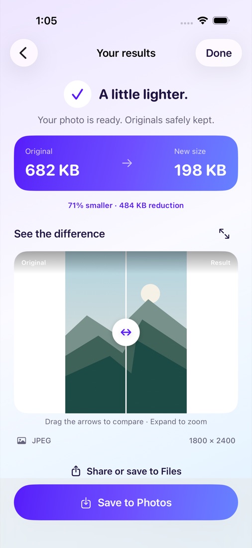 PhotoLite results with a draggable original and result comparison and Save to Photos button
